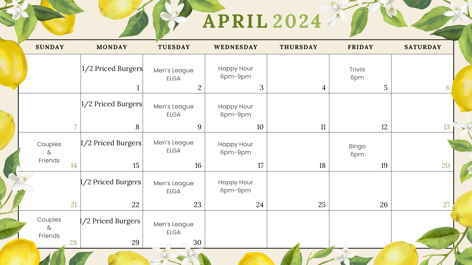 Yellow Green Floral Illustrated Lemon April 2024 Monthly Calendar (1)